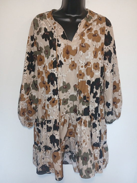 grade & gather Dresses & Skirts - Boho Floral Tiered Long-Sleeve Dress in Beige, Olive & Black